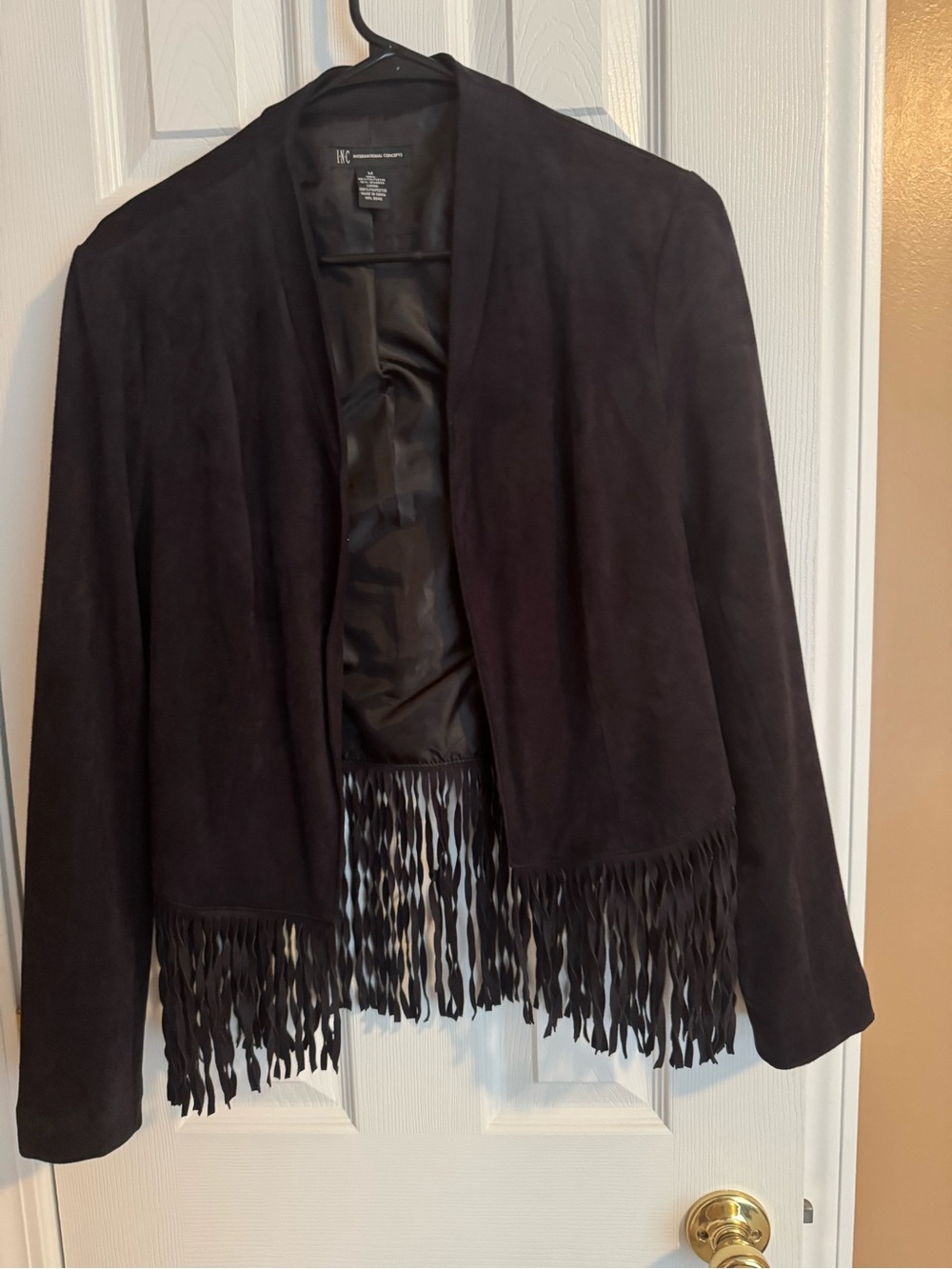 INC International Concepts Faux Black Suede Fringe Open-Front Jacket